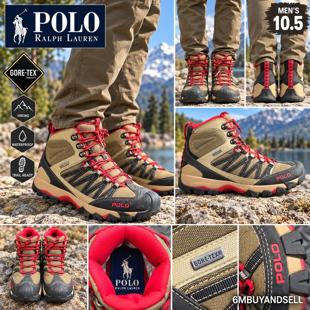 Polo Ralph Lauren Canterwood Gore-Tex Hiking Boots Mens 10.5 Olive Tan Red Black